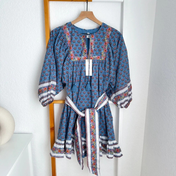 Cleobella Magdalena Mini Dress Lotus Blue Pink Mixed Printed Tie Waist S New - Picture 3 of 12